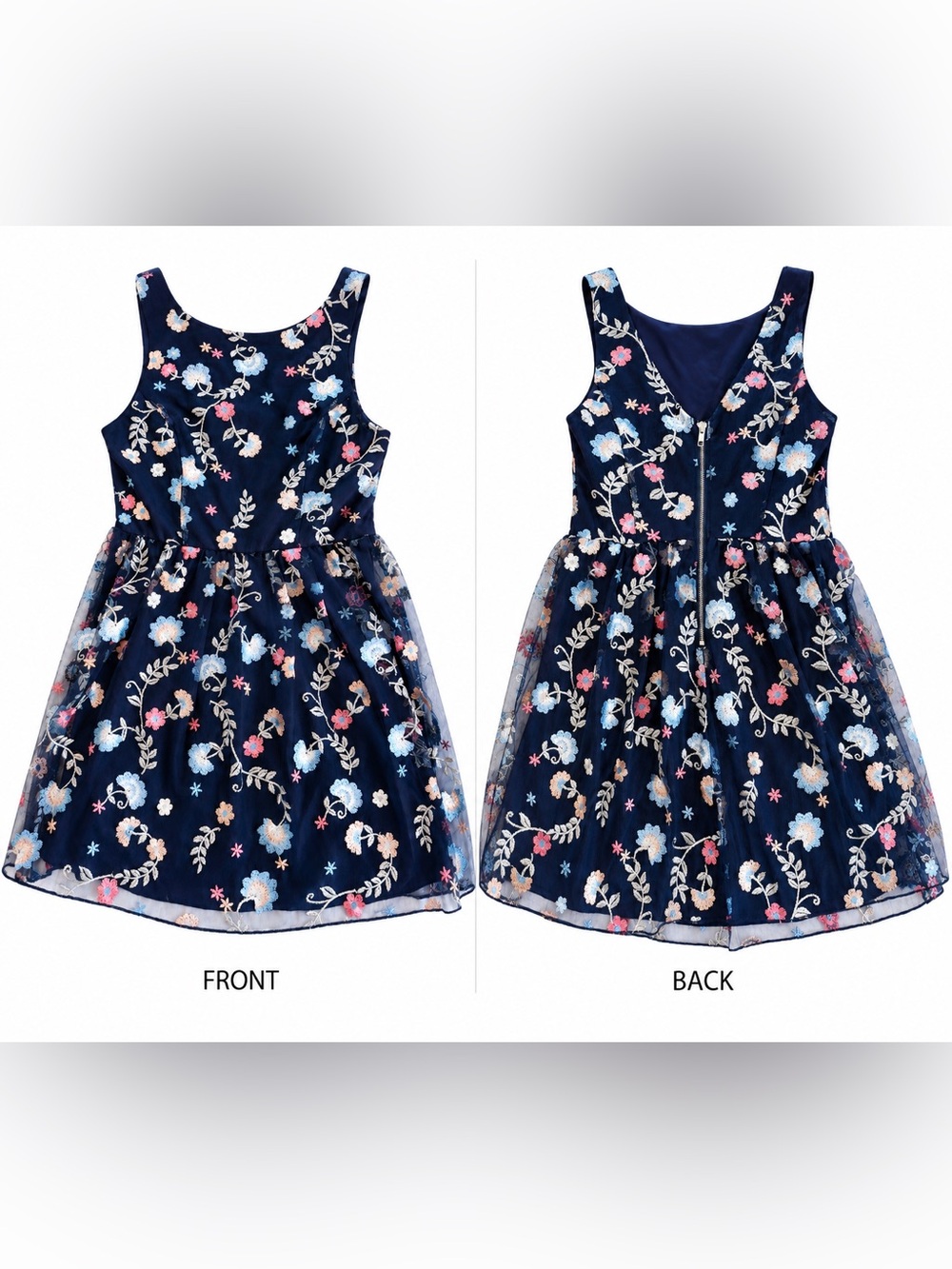 Speechless Dress navy blue embroidered floral tulle fit & flare size M